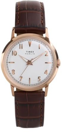 Timex - TW2Y37700 Marlin Quartz Kvartsur på 34 mm för män – brun läderrem med silverfärgad urtavla och boett i roséguld
