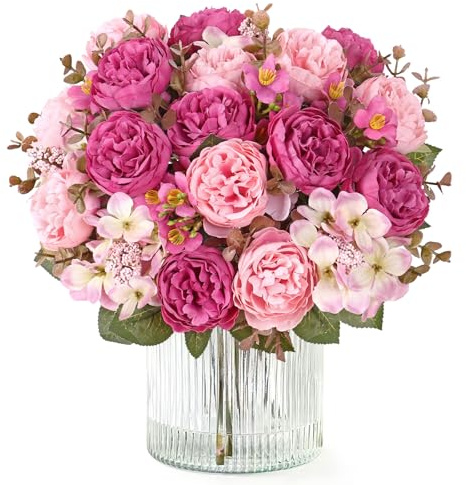 DEMIUKO konstgjorda blommor vit hortensior bukett vår blommor konstgjorda rosor som äkta falska sidenblommor inomhus blommor dekoration för bröllop fest kök bord hem blomarrangemang (2, rosenröd)