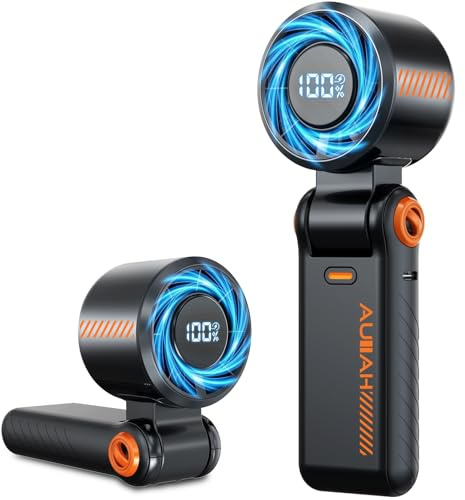 AUIIAH Ventilador portátil, 5 velocidades, ventilador de mano 3 en 1 con pantalla digital, funciona con pilas, mini ventilador de bolsillo para mujer, hombre, maquillaje, oficina.