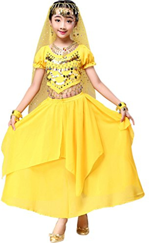 Astage Magdansdräkt för flickor till halloween, outfit, indisk, orientalisk, karneval, komplett set, gUL, 6-9 År