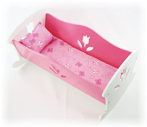 Matty's Toy Stop 18 Inch Doll Furniture Wooden Doll Rocking Cradle (Crib) with Pink Pillow & Cushion - (18 Pink/White Floral) Fits American Girl Dolls