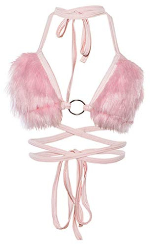 niumanery Women Sexy Halter Lace-up Bikini Bra V-Neck Fluffy Plush Crop Top Rave Bralette Pink
