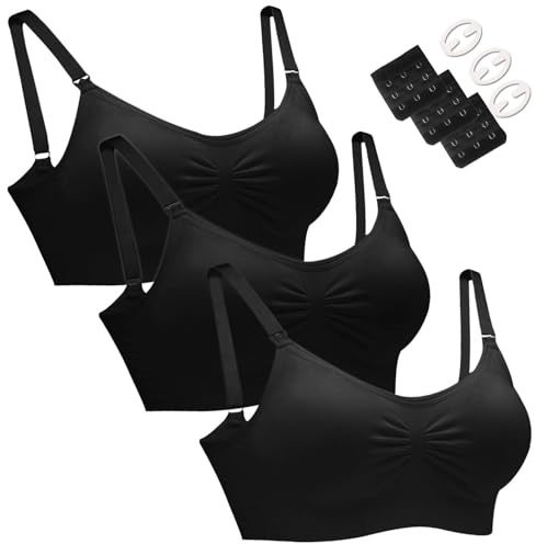 HOFISH Maternity Nursing Bras Seamless 3 Pack Sleep Bralette for Breastfeeding with Free Bra Extenders & Clips(Black,M)