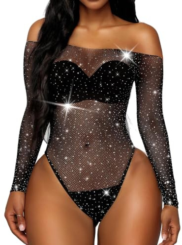 RSLOVE Body in rete da donna - Abbigliamento sexy in maglia, Nero , Taglia unica