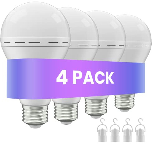 Emergency Rechargeable Led Light Bulb with Hook,Stay Lights Up When Power Failure, 1500mAh 12W 60W Equivalent LED Light Bulbs for Home, Camping, Hiking, 4 Pack