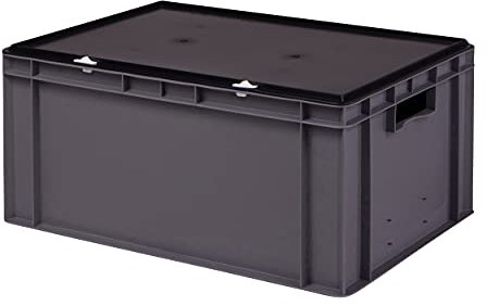 1a-TopStore Stabile Profi Aufbewahrungsbox Stapelbox Eurobox Stapelkiste mit Deckel, Kunststoffkiste lieferbar in 5 Farben und 21 Größen für Industrie, Gewerbe, Haushalt (grau, 60x40x28 cm)