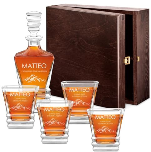 Maverton Caraffa whisky 800 ml - set di 4/6 bicchieri personalizzati da whisky - set decanter di cristallo con bicchieri - set da whisky per uomo per compleanno - per Natale - Roccia