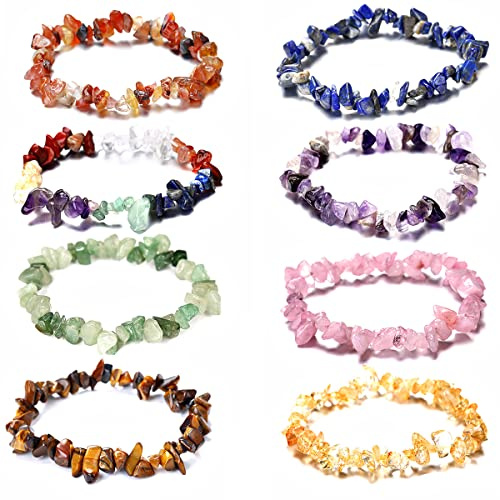 Fantasyon 8PCS 7 Chakra Natural Gemstone Beads Bracelet Men Women Colorful Healing Crystals Irregular Reiki Yoga Bracelets Stretchy Crystal Lava Rock for Meditation Prayer Protection