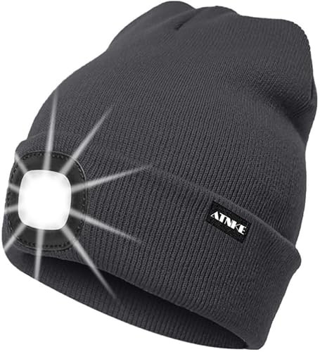 ATNKE LED Lumineux Bonnet Chapeau, USB Rechargeable 4 LED Chapeau de Course Lampe Frontale Étanche Lumière Hiver Cadeaux pour Hommes et Femmes/Noble Gray