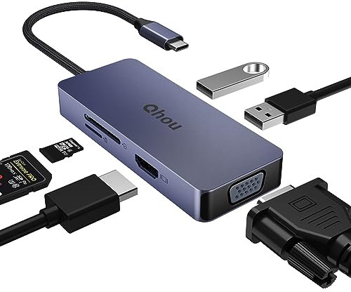 Hub USB C 6-1 avec 4K HDMI, VGA, 2 USB 2.0, Lecteur de Carte SD/TF Adaptateur USB C pour MacBook Pro/Air, Dell, HP, Lenovo Pro, Dell/HP/Lenovo