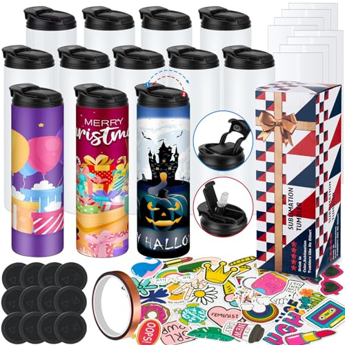 8 Pack 20 oz Sublimation Tumblers Dual Opening Blank Bottles Triple-Insulated Stainless Steel Water Bottle with Straw Lid Blank Tumbler Bulk with Shrink Wrap, Rubber Base, Heat Tape for Heat Transfer