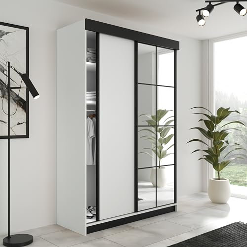 KIER FURNITURE Schiebegarderobe LAMARO mit Spiegel - Schrank Schlafzimmer – Schlafzimmerschrank – Wardrobe Bedroom – Kleiderschränke – Kleiderschrank Weiß – 138x205x59