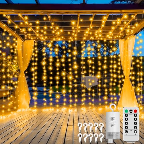 GCMacau Tenda Luminosa, 3Mx3M 300 LED Tenda Luci a Batteria, Tenda Luminosa Natale Esterno Interno con 10 Ganci, 8 Modalità Telecomando e Timer, Luci Fatate per Natale Matrimonio Valentino Festa