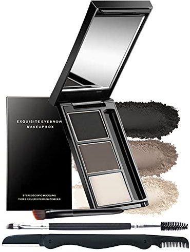 Lestpola Tavolozza per sopracciglia, 3 colori, in polvere per sopracciglia, durevole, impermeabile, nero marrone, serie polvere per sopracciglia, riempimento e sculpt per le donne, con pennello per
