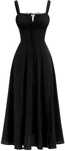OMEWEE Women's Spring Summer Boho Sundress Square Neck Floral Corset Dress Spaghetti Strap Ruched Flowy Slit Bustier Midi Dresses for Women Going Out A Line Casual Beach Long Dress Black S