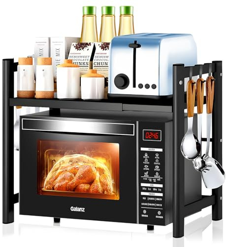 HYOJCWU Mensola espandibile a 2 livelli, per microonde, per cucina, con 6 ganci, flessibile, allungabile da 40 a 64 cm, organizer da cucina, colore nero