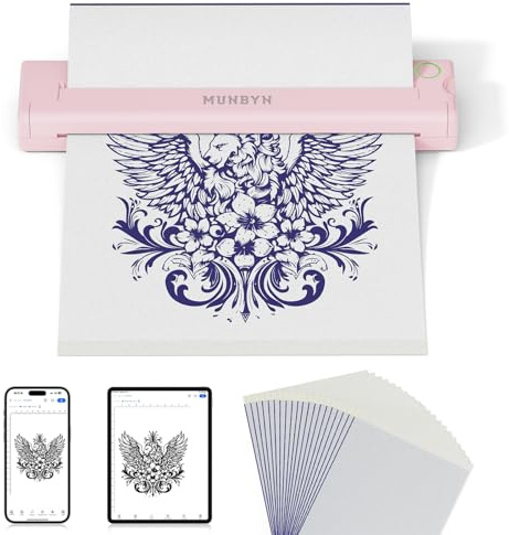 MUNBYN Thermocopieur Tatouage Bluetooth ITP05, 20 Feuilles Papier Transfert Imprimante, Imprimante Stencil Tatouage, Transfert Tatouage Machine Copieur pour iOS Android et Mac, Rose