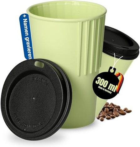 Personlig kaffemugg to go 300 ml – mugg med lock och räfflad look som värmeskydd – drickmugg BPA-fri – tillverkad i Tyskland, resemugg för kontor, bil och universitet, färg: avslappnad grön/svart