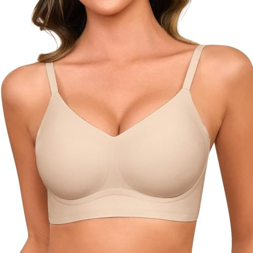 Lonya Sujetador Mujer sin Aros sin Costuras Cómodo con Soporte Cuello V Push Up Profundo Bralette Camiseta Básico Diario Suave Sostenes Cobertura Completa Tipo, Beige, XL