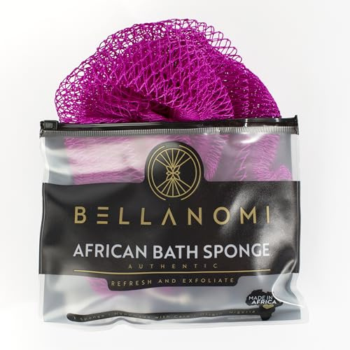 BELLANOMI African Exfoliating Net Sponge, Authentic, Ethically sourced from Nigeria, 45 inches Long, Back Scrubber for Daily use (Plum)