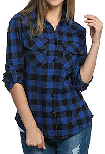 Yekdmxop Camisa de mujer elegante a cuadros de algodón Blusa de manga larga blusa escocesa con botones camisas de franela clásica Country Shirts Casual Top Camiseta Estilo Boyfriend, turquesa, M