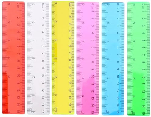 6 stycken linjaler 15 cm, färgad linjal av plast, färgad transparent linjal med centimeter och tum, grundskyl färgade transparenta linjaler skrivmaterial, lämplig för skola, kontor, hem.