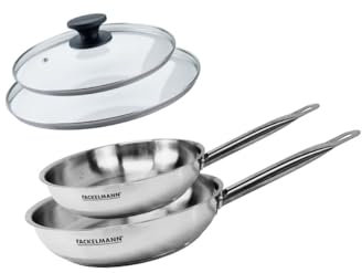 Fackelmann Fackelmann Eterna 9438050 Lot de 2 poêles de 20 et 24 cm en acier inoxydable 18/8 et 2 couvercles en verre Fackelmann Eterna, poêle pour tous types de feux, poêle à induction, sans PFAS