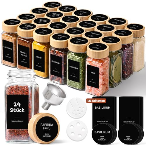 ComSaf Spice Jars with Lids and Labels 24 Pack, 120ml Square Glass Spice Containers with Bamboo Lids, Metal Funnel & Dual-Function Shaker Inserts, Herb & Seasoning Jar for Home Rack, Drawer, Organiser