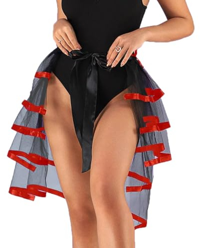 FakeFace Victorian Layered Bustle Skirt for Women Tie on Tutu Underskirt Steampunk Bustle Overskirt Halloween Cosplay Costume (UK, Alpha, One Size, Regular, Regular, Red)