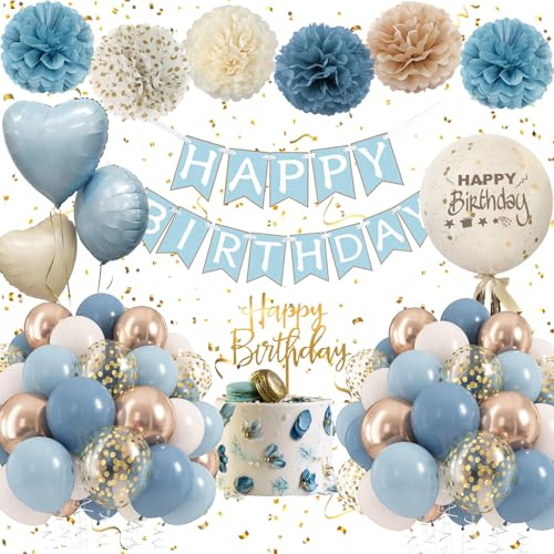 Födelsedagsdekoration flicka kvinna, blå beige födelsedagsballonger | Happy Birthday-banderoll, hjärtfolieballonger, tofsar, födelsedagsdekoration för pojkar, män, baby shower