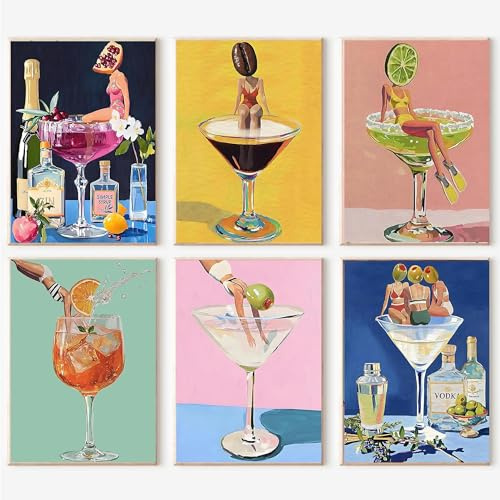 BEAYIOU 6 Pack Paint by Numbers Kit for Adults Beginners,Cocktail Adult Paint by Number Kits on Canvas Frameless,Cocktails DIY Acrylic Oil Number Painting Kits for Decor 7.8x11.8 inch