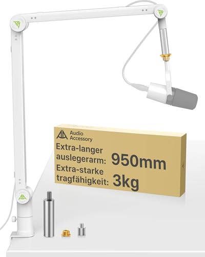AA AUDIO ACCESSORY Brazo de suspensión para micrófono, carga 3 kg, compatible con Shure SM7B, MV7+. Diseño de engranaje bloqueante para máxima estabilidad, soporte de mesa profesional, blanco