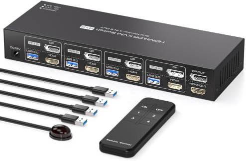 PVBCTCSID KVM Switch 4 Computers 2 Monitors HDMI and Displayport 4K60Hz 4 Port KVM Switch for 4 PCs to Share Dual Monitors and 4 USB 3.0 Peripherals Support for Copy/Extend Modes with Controller