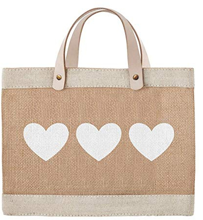 Santa Barbara Design Studio Mini Jute Tote - Natural Burlap Hand Bag with Waterproof lining and Leather Handles, 12.5 x 9.5, Hearts