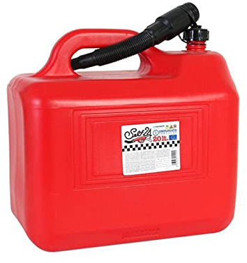 Tradineur - Bidón gasolina con embudo 20 litros, tanque, garrafa combustible de plástico con cánula, tubo flexible (Rojo - 35 x 37 x 21 cm)