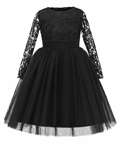 Aibaowedding Vestido de princesa para niña, manga larga, vestido de encaje, falda de tul, vestido de flores, vestido de fiesta de cumpleaños, vestido de dama de honor, 2-12 años, Negro , 2-3 años