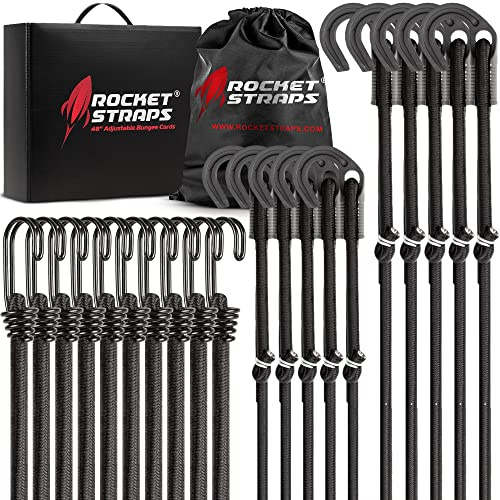 Rocket Straps - Ultimate Adjustable Outdoor Bungee Cord Assortment - Heavy Duty Set of 20 Bungee Cords (48) Double-J Hooks - Elastic Straps for Camping, Securing, and DIY Multipurpose
