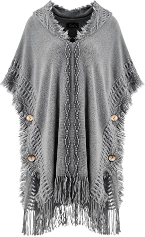 Ferand Dam virkad pullover poncho tröja med knappdetalj och långa tofsar, Grå