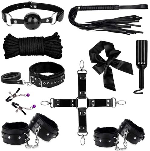 Sex Bondage BDSM Restraints Sex Toys 10 Pcs Set, SM Sex Toy Adult Toys Games Cuffs Gag Blindfold Spanking Paddle Safe Fetish Bed BDSM Kit Cuffs Nipple Clamps Ball Gag Rope Cosplay for Women Couples