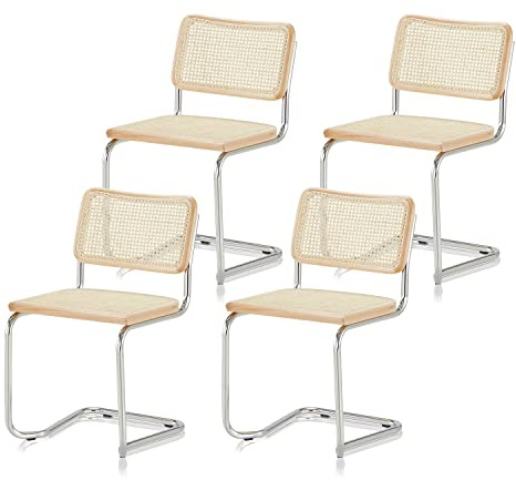 KHG 4er Set Schwingstühle Freischwinger chrom - Rückenlehne und Sitzfläche aus Massivholz Buche und Rattan - Esszimmerstuhl, Küchenstuhl Design Stuhl mit Wiener Geflecht