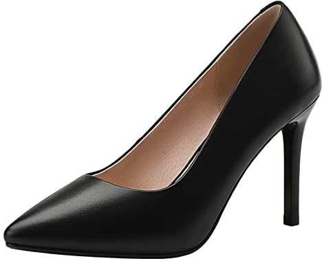 Jamron Mujer Cuero Genuino 9CM Tacones Altos Elegante Puntiagudo Pumps Zapatos de Oficina Negro SN602C015-3 EU38