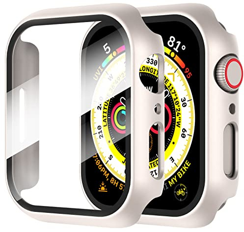 Diruite 2-Pack Screen Protector for Apple Watch 9/8/7 41mm Tempered Glass Case,All Around Hard Matte PC Protective Cover,Starlight Silver,41mm