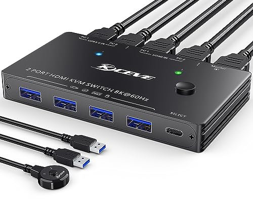 8K HDMI KVM Switch 2 PC 8K@60Hz 4K@120Hz, MLEEDA USB 3.0 Switch KVM 2 PC Condividi 1 Monitor e 4 Dispositivi USB, HDCP 2.3, HDR 10, con Telecomando Cablato e 2 Cavi USB