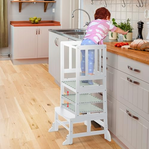 COSYLAND Torre di apprendimento a partire da 1 anno, regolabile in altezza, elegante protezione antiribaltamento, torre di apprendimento Montessori in bambù naturale, Little Helper (bianco)