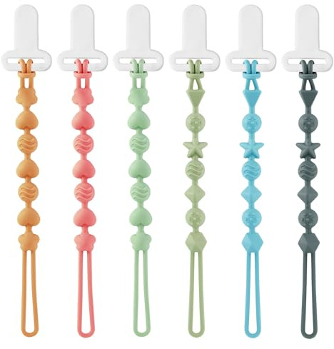 PandaEar 6 Pack Silicone Pacifier Clips, One Piece Design Teething Pacifier Holder Clip, Neutral Baby Paci Clips Boys & Girls, Binky Clips Pacifier Straps Chain for Toys Teethers