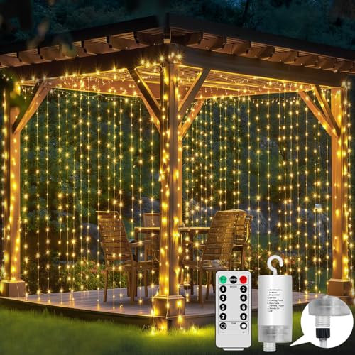 RJEDL Vorhang Lichter batteriebetrieben, 6x3m 600LED Fee Vorhang Lichter im Freien wasserdicht mit Fernbedienung, 8 Modi Wasserfall Garten String Lichter für Patio Gazebo Party Valentinstag