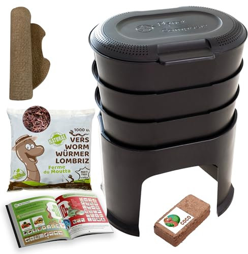 Moutta | Magic Worm Noir | Lombricomposteur de Cuisine 3 Plateaux | 500gr de vers de Compost | Kit Complet