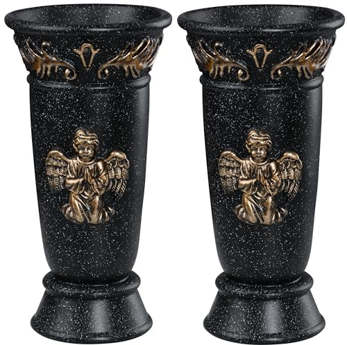 Cemetery Grave Vase, Resin Angel Memorial Vase Cemetery Flower Holder with Metal Spikes and Draining Hole for Cemetery Headstones Gravesites Memorial Grave Decorations (2, Black)