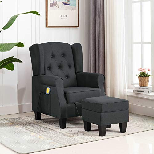 Homgoday Poltrona massaggiante con sgabello, poltrona relax, poltrona TV, poltrona reclinabile, poltrona per soggiorno, tessuto grigio scuro