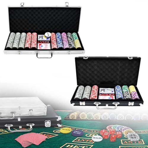 Froadp Juego de póquer profesional con 500 fichas de póquer láser, caja de póquer con carcasa de aluminio, incluye 2 barajas de póquer, 3 botones de distribuidor, 5 dados, 2 llaves, color plateado